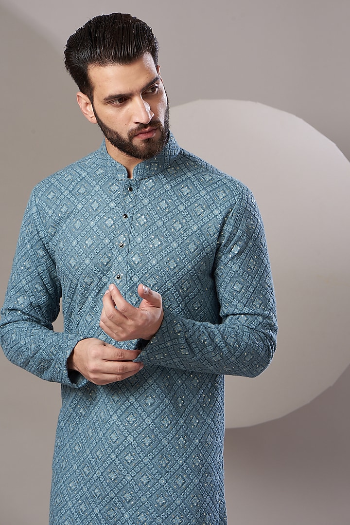 Teal Blue Georgette Embroidered Kurta Set by Kasbah Clothing at Pernia's Pop Up Shop
