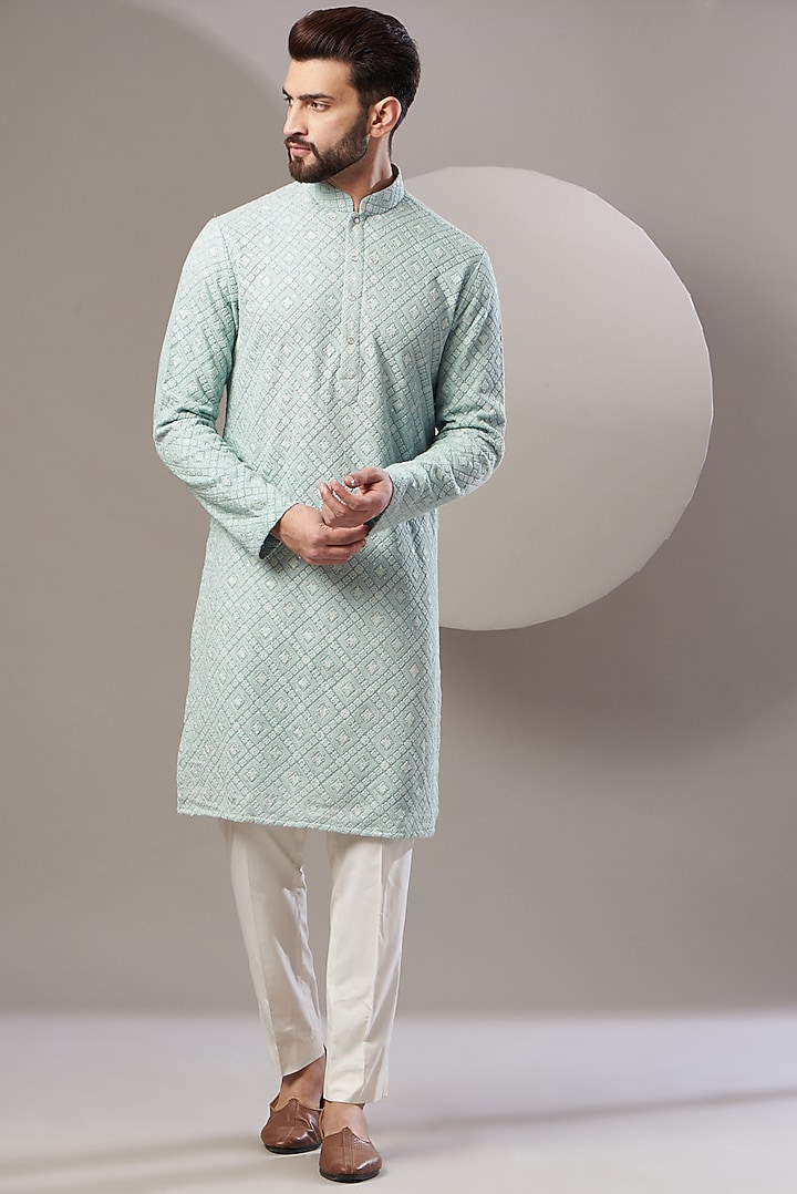 Powder Blue Georgette Embroidered Kurta Set by Kasbah Clothing at Pernia's Pop Up Shop