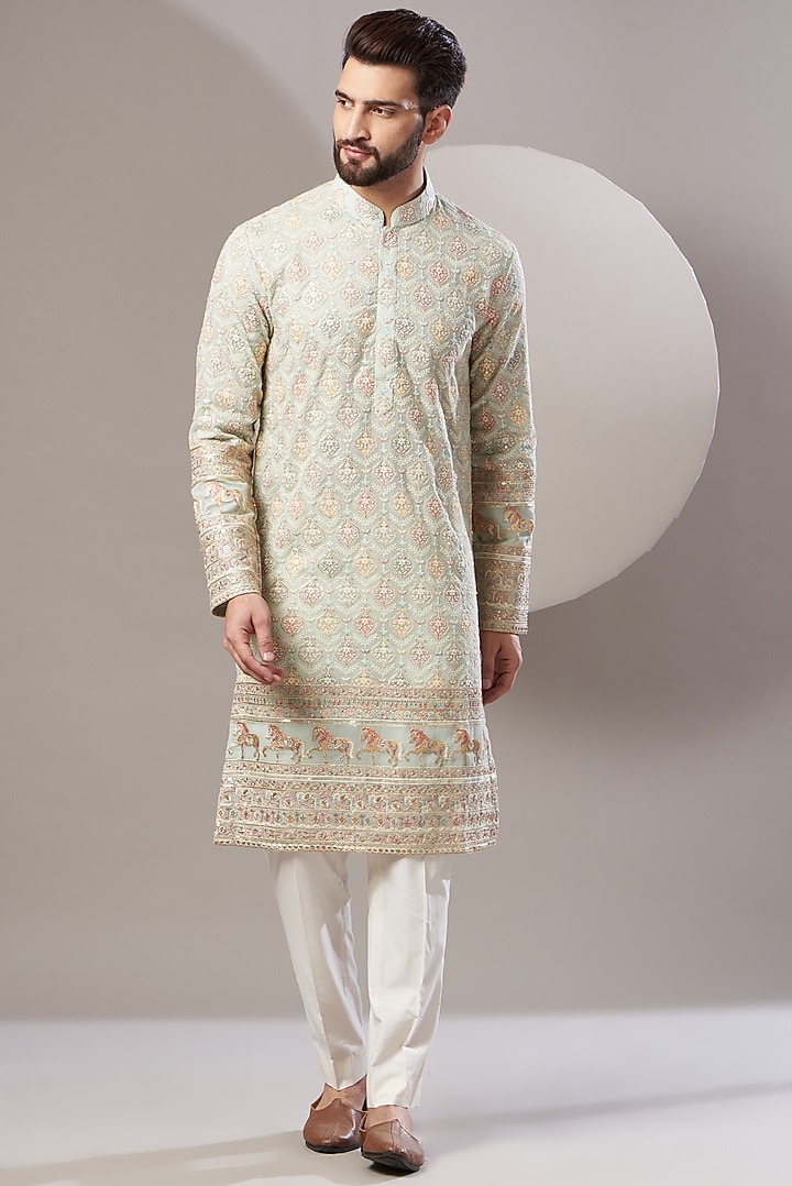 Sky Blue Georgette Embroidered Kurta Set by Kasbah Clothing at Pernia's Pop Up Shop