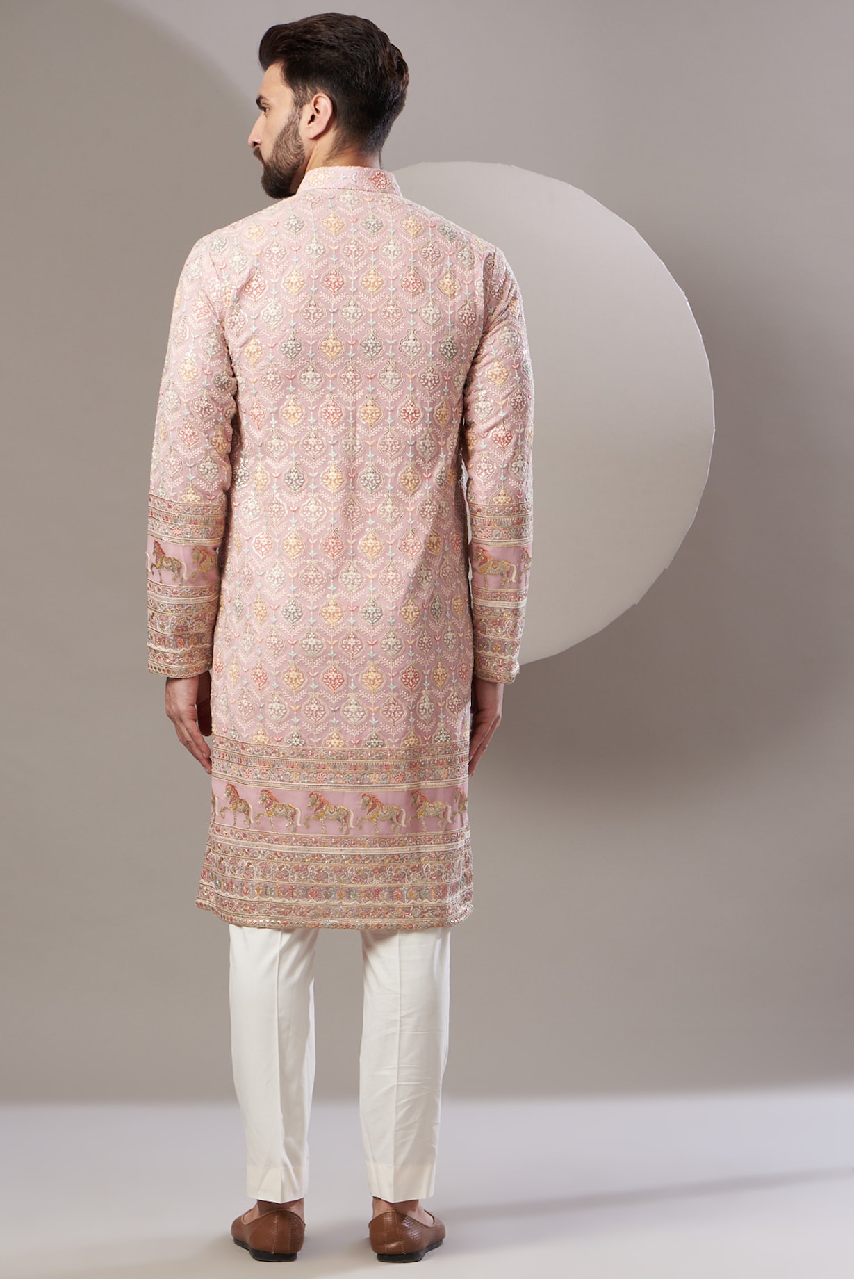 BLUSH PINK TAFETTA SILK EMBROIDERED SHERWANI KURTA TROUSER SET