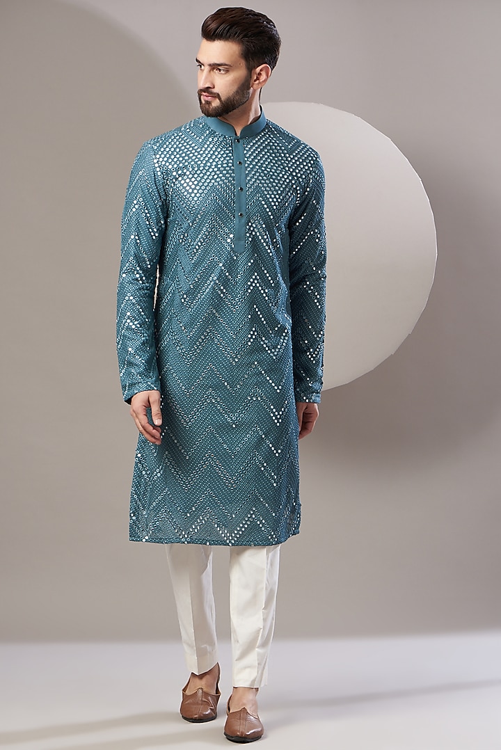 Teal Blue Georgette Embroidered Kurta Set by Kasbah Clothing