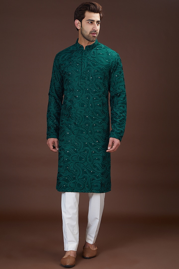 Bottle Green Georgette Embroidered Kurta Set by Kasbah Clothing at Pernia's Pop Up Shop