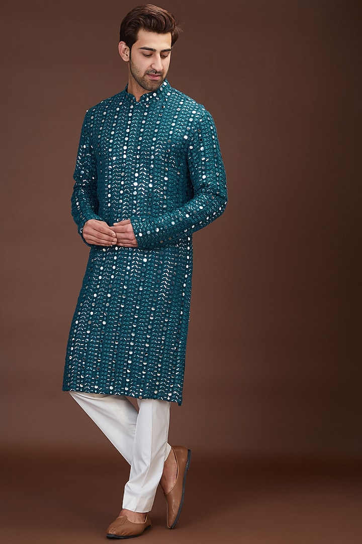 Teal Georgette Embroidered Kurta Set by Kasbah Clothing at Pernia's Pop Up Shop