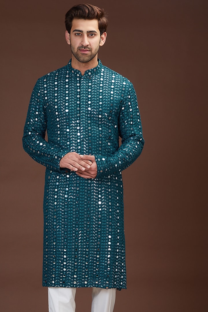 Teal Georgette Embroidered Kurta Set by Kasbah Clothing at Pernia's Pop Up Shop