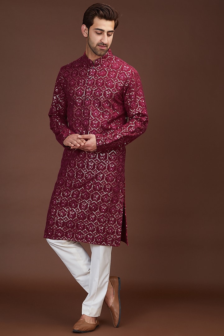 Light Maroon Silk Embroidered Kurta Set by Kasbah Clothing at Pernia's Pop Up Shop