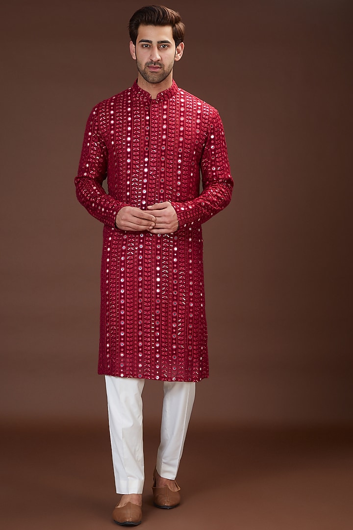 Maroon Georgette Embroidered Kurta Set by Kasbah Clothing at Pernia's Pop Up Shop