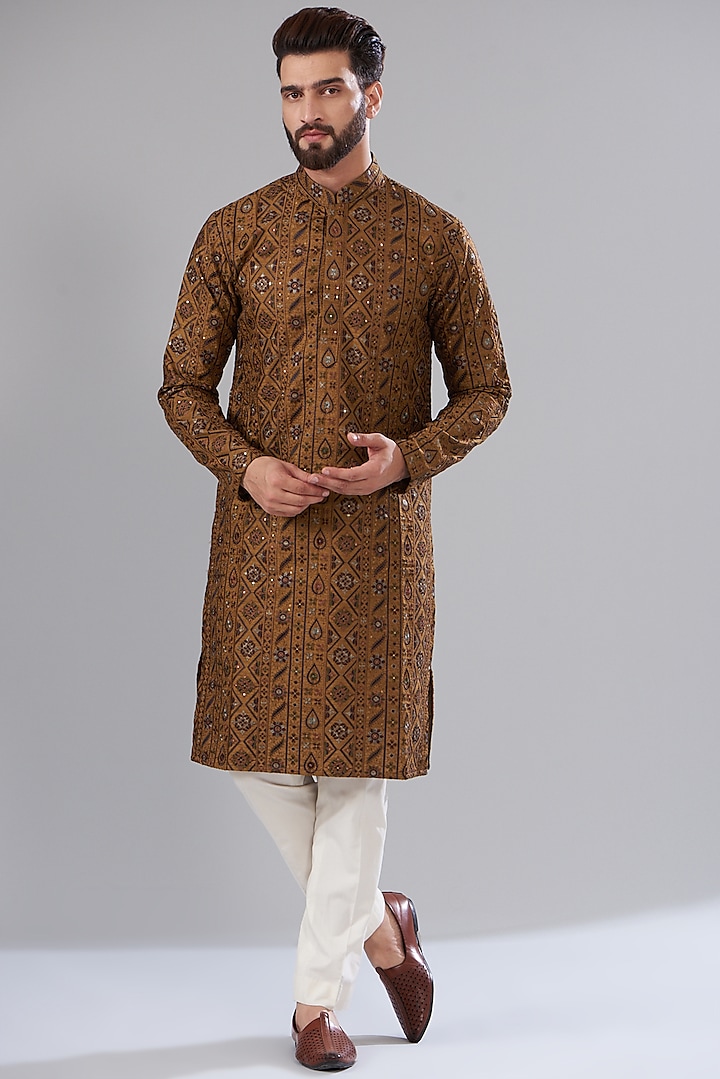 Mustard Yellow Silk Embroidered Kurta Set by Kasbah Clothing at Pernia's Pop Up Shop