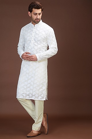 White Georgette Chikankari Embroidered Kurta Set by Kasbah Clothing