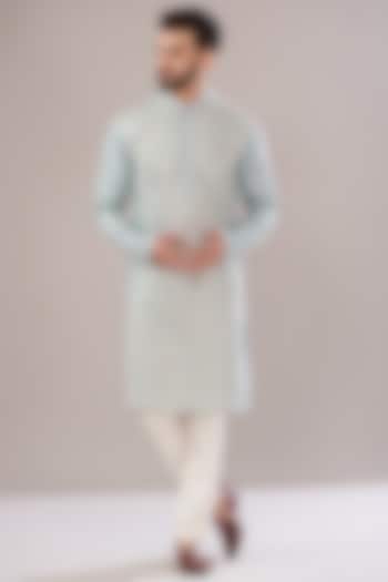 Sierra Blue Slub Silk Embroidered Kurta by Kasbah Clothing at Pernia's Pop Up Shop