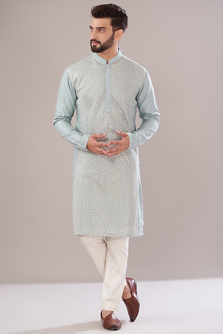 Sierra Blue Slub Silk Embroidered Kurta by Kasbah Clothing at Pernia's Pop Up Shop