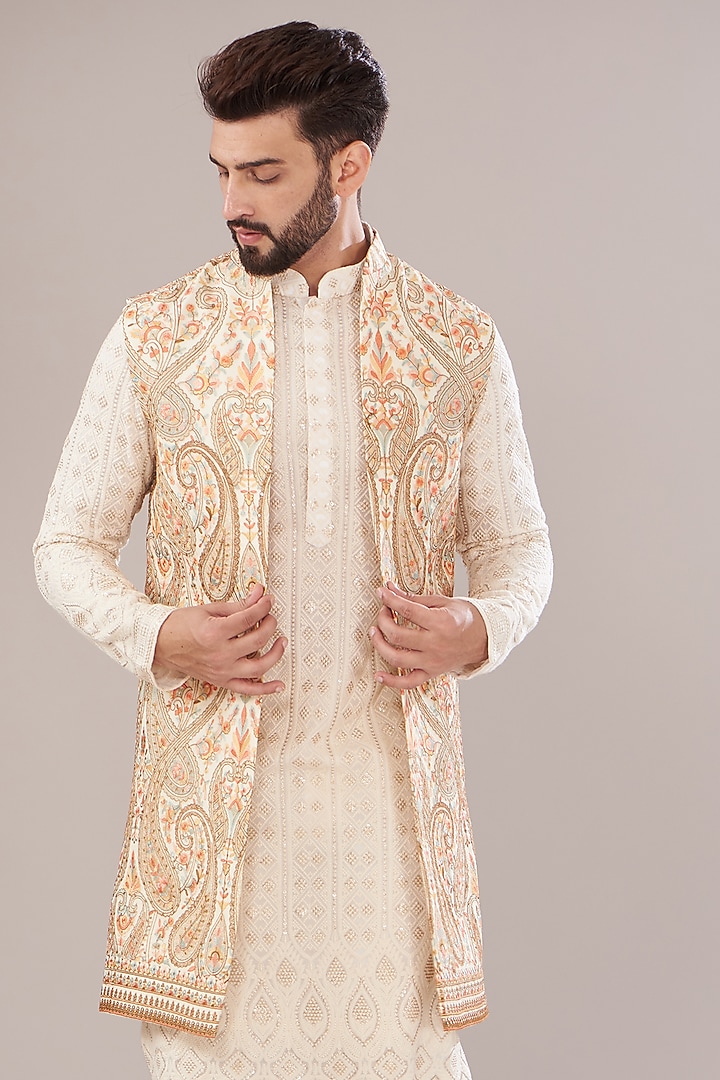 Ivory Georgette Embroidered Indowestern Jacket by Kasbah Clothing at Pernia's Pop Up Shop