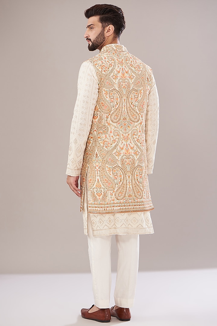 Ivory Georgette Embroidered Indowestern Jacket by Kasbah Clothing at Pernia's Pop Up Shop