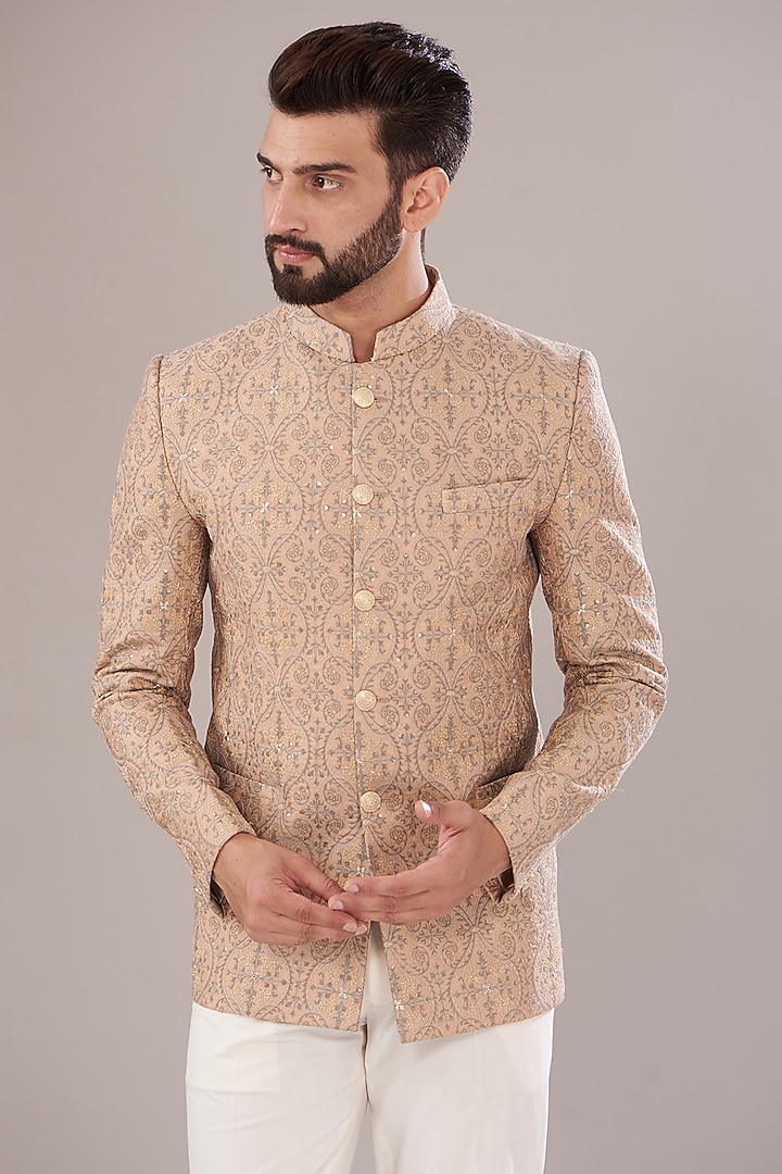 Mud Peach Chanderi Embroidered Bandhgala by Kasbah Clothing