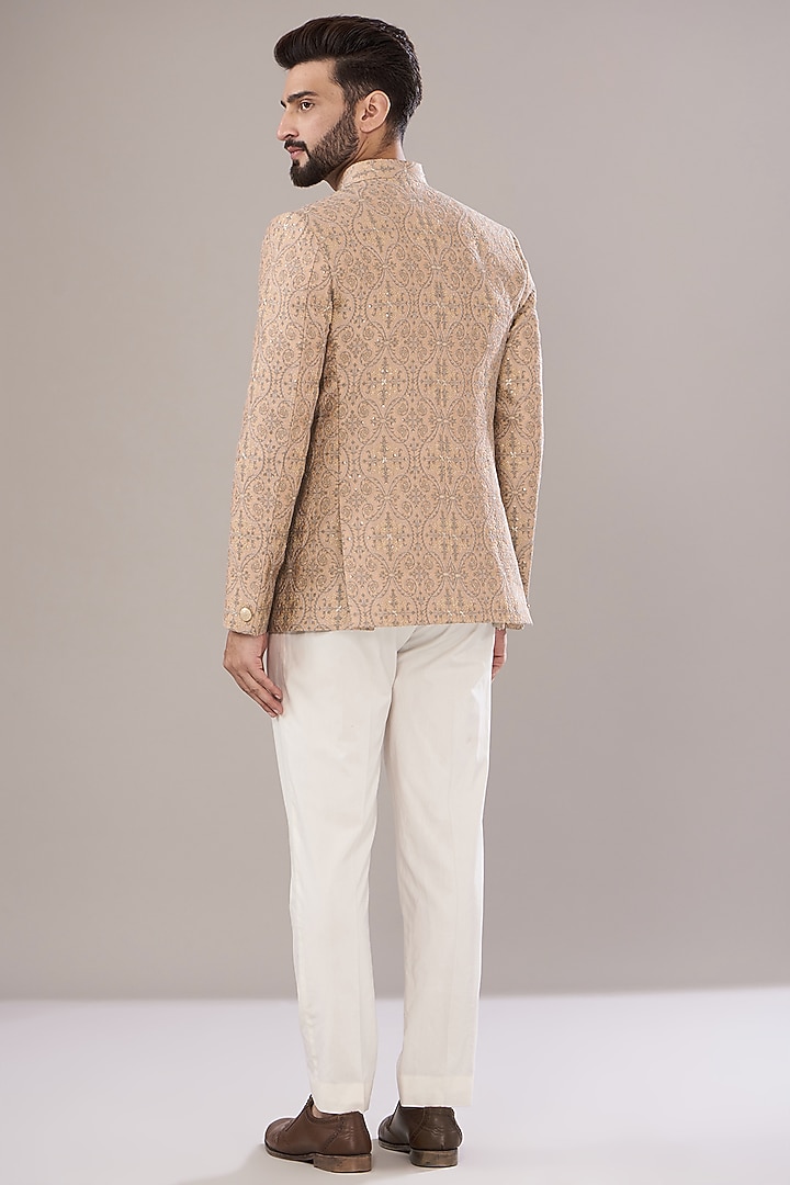 Mud Peach Chanderi Embroidered Wedding Bandhgala by Kasbah Clothing at Pernia's Pop Up Shop