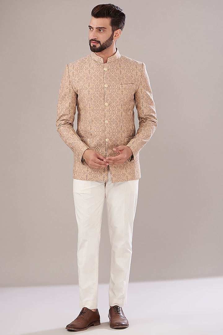 Mud Peach Chanderi Embroidered Bandhgala by Kasbah Clothing