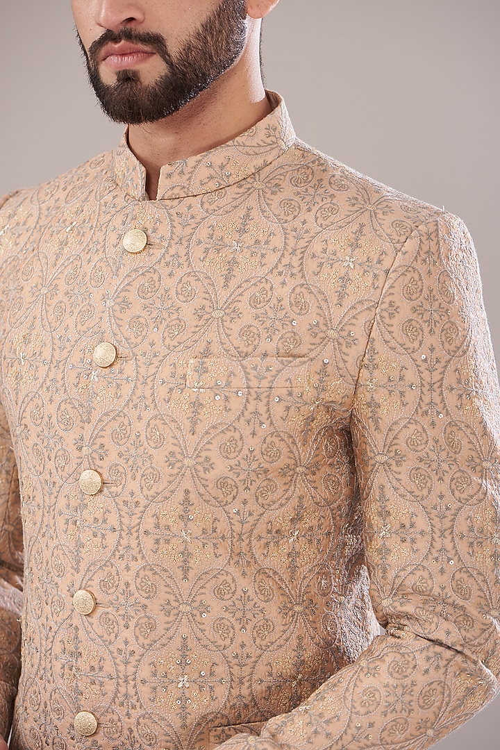 Mud Peach Chanderi Embroidered Wedding Bandhgala by Kasbah Clothing at Pernia's Pop Up Shop