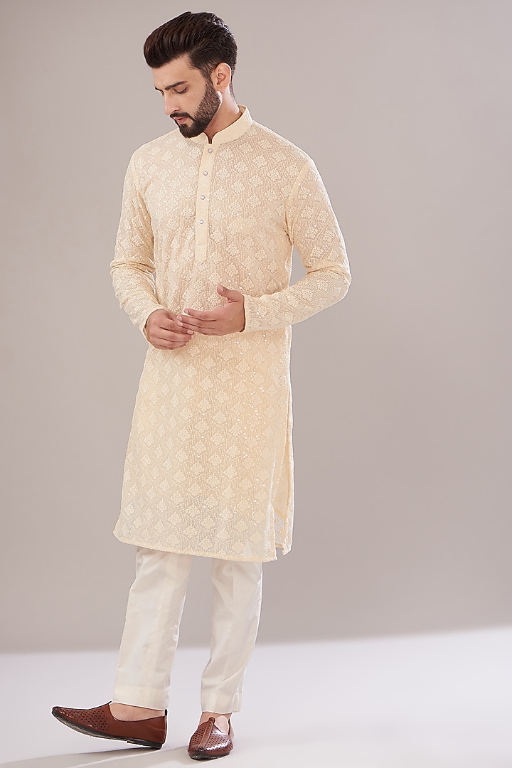 Light Beige Georgette Embroidered Kurta by Kasbah Clothing at Pernia's Pop Up Shop