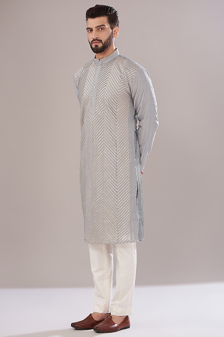 Matte Blue Slub Silk Embroidered Kurta by Kasbah Clothing at Pernia's Pop Up Shop
