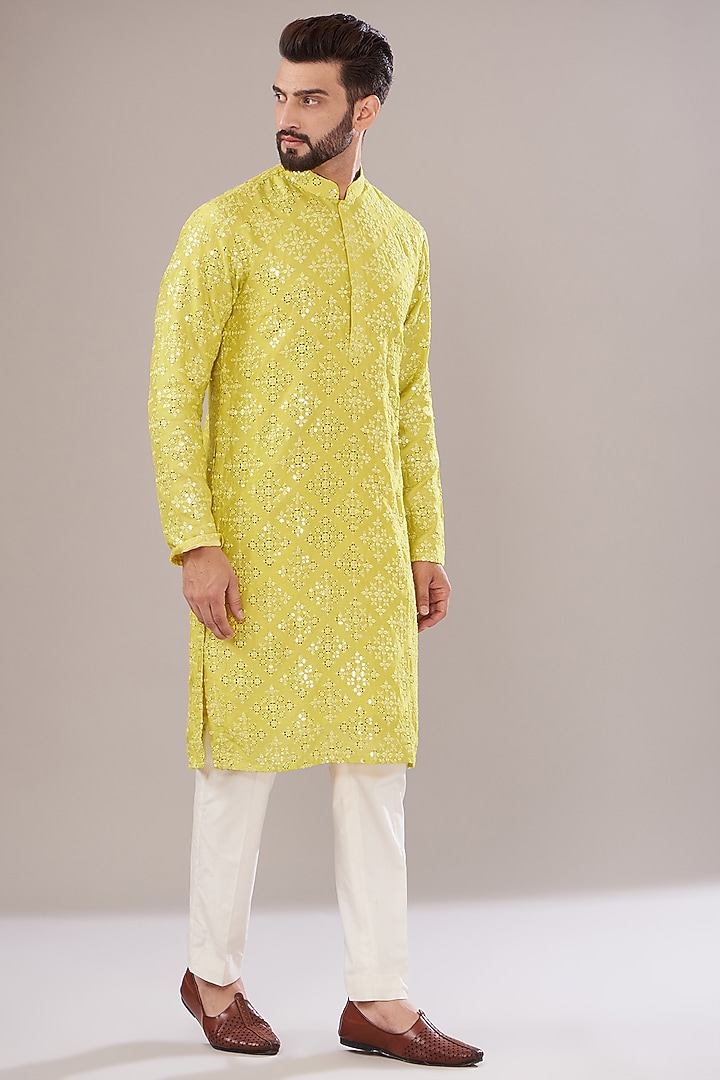 Neon Yellow Silk Mirror Work Kurta by Kasbah Clothing at Pernia's Pop Up Shop