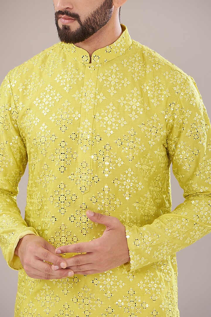Neon Yellow Silk Mirror Work Kurta by Kasbah Clothing at Pernia's Pop Up Shop