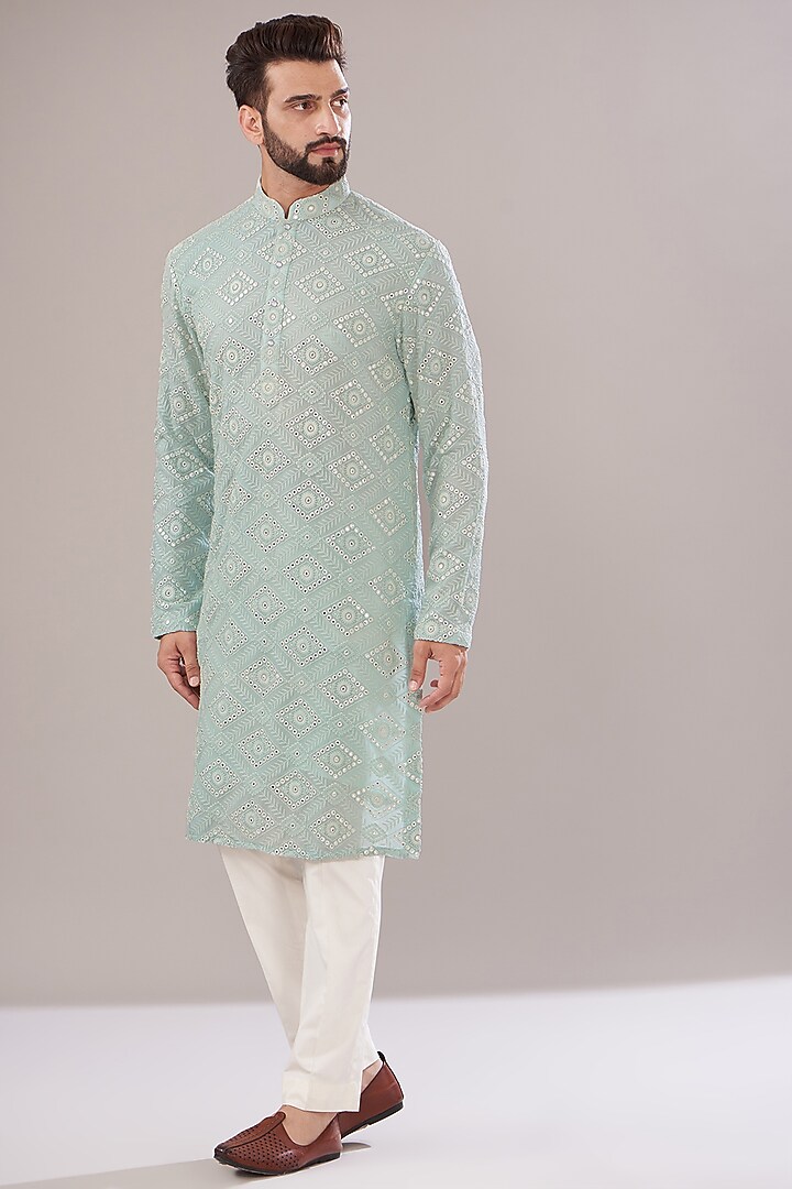 Powder Blue Georgette Embroidered Kurta by Kasbah Clothing at Pernia's Pop Up Shop