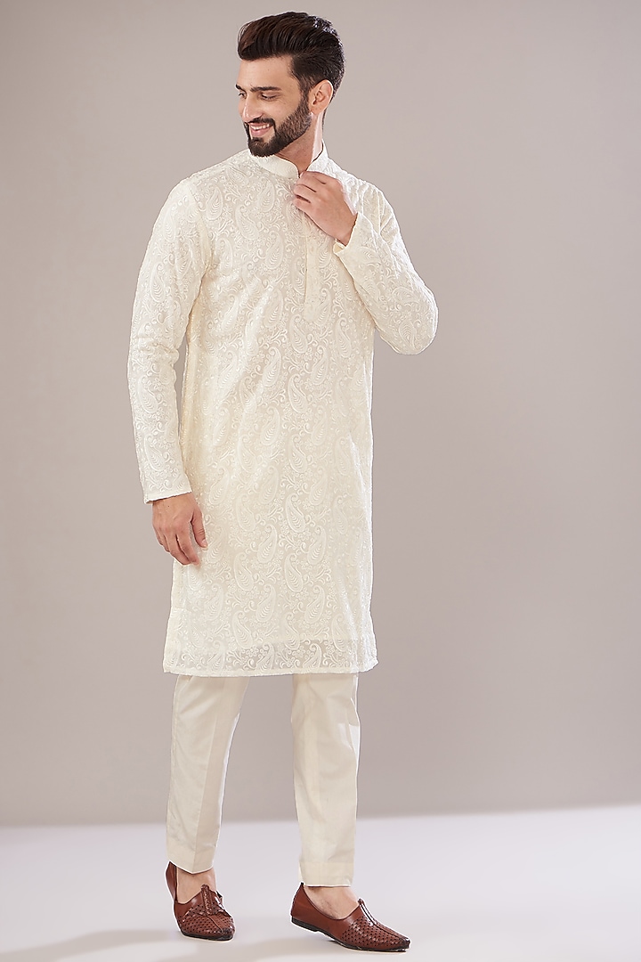 White Georgette Embroidered Kurta by Kasbah Clothing at Pernia's Pop Up Shop