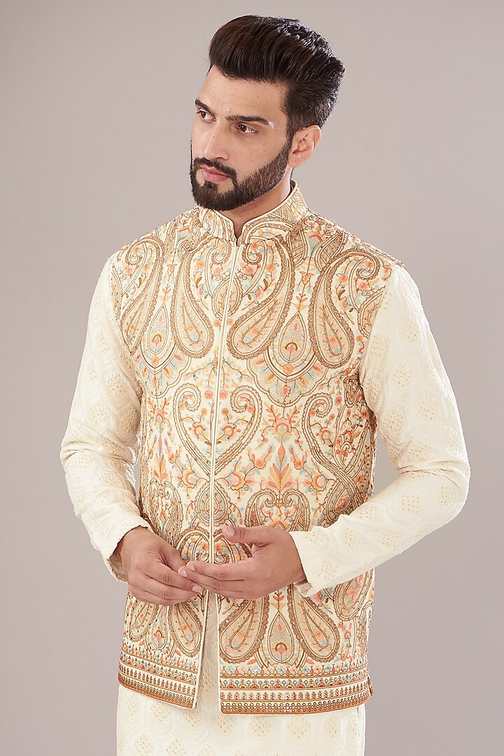 Ivory Georgette Embroidered Nehru Jacket by Kasbah Clothing at Pernia's Pop Up Shop