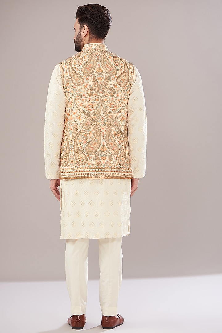 Ivory Georgette Embroidered Nehru Jacket by Kasbah Clothing at Pernia's Pop Up Shop