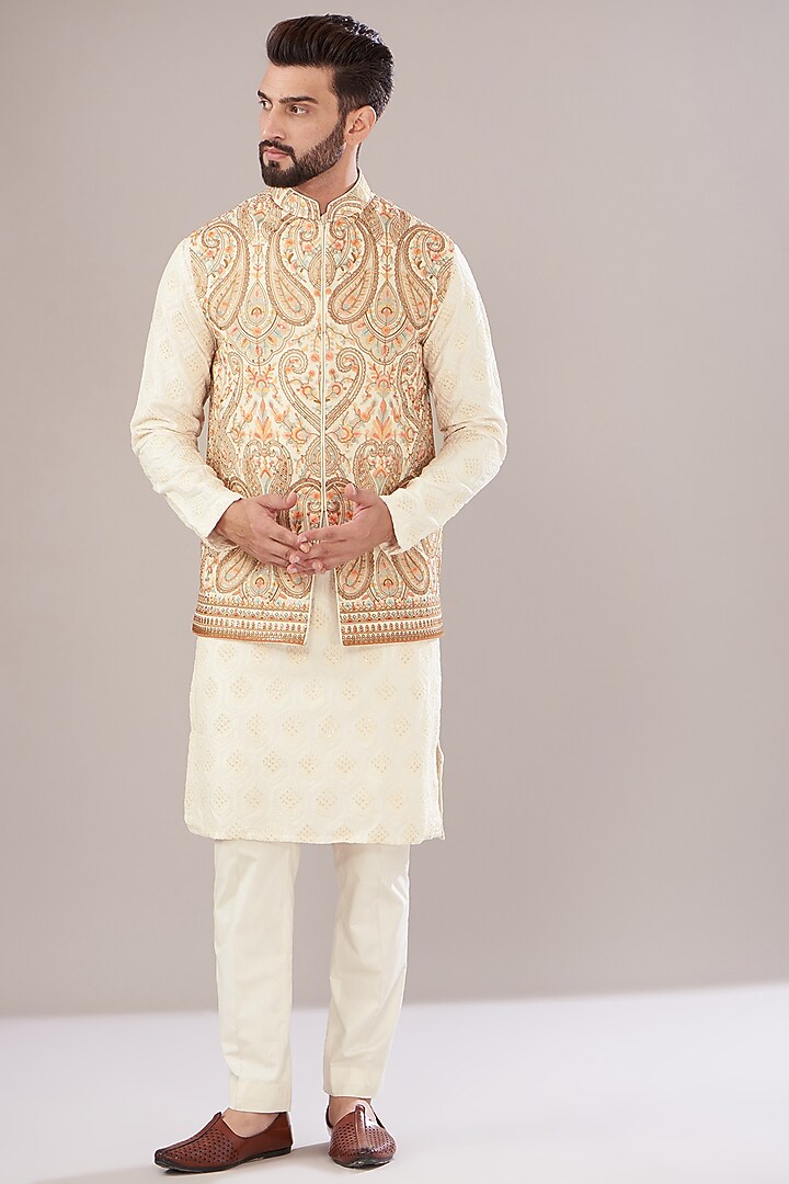 Ivory Georgette Embroidered Nehru Jacket by Kasbah Clothing at Pernia's Pop Up Shop