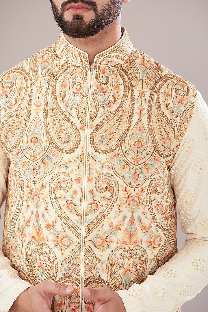 Ivory Georgette Embroidered Nehru Jacket by Kasbah Clothing at Pernia's Pop Up Shop