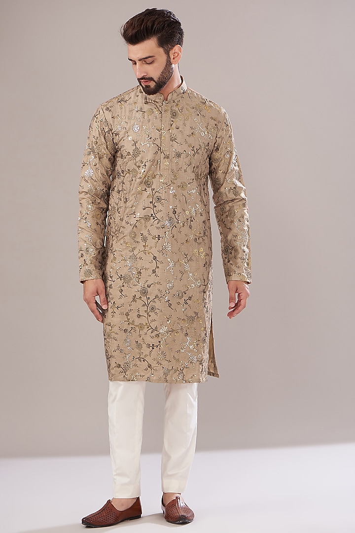 Beige Silk Embroidered Kurta   by Kasbah Clothing at Pernia's Pop Up Shop