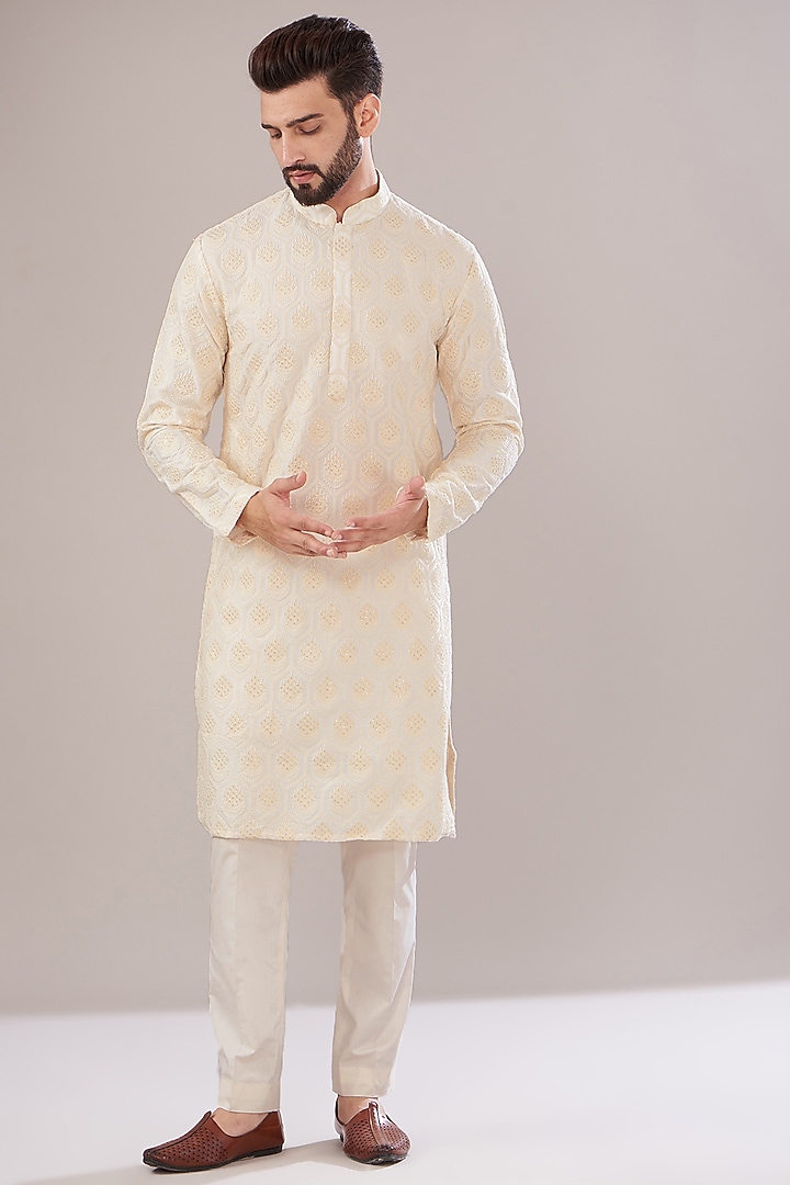 White Silk Embroidered Kurta by Kasbah Clothing at Pernia's Pop Up Shop