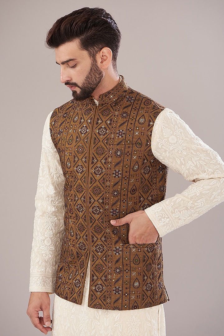 Mustard Silk Embroidered Nehru Jacket by Kasbah Clothing at Pernia's Pop Up Shop