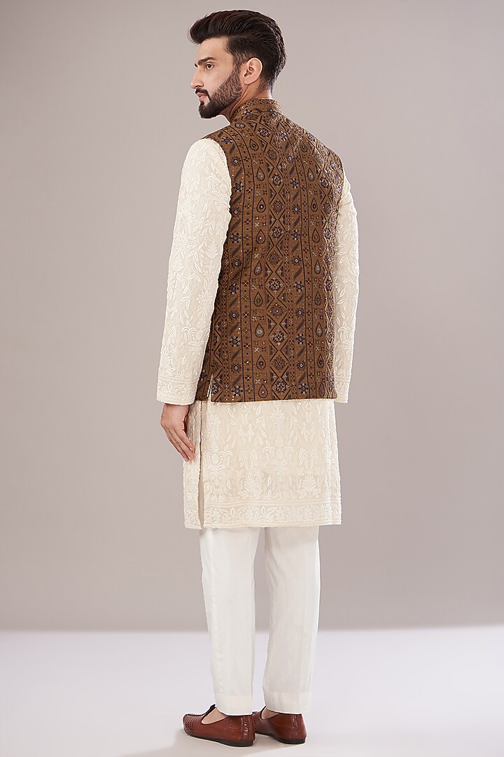 Mustard Silk Embroidered Nehru Jacket by Kasbah Clothing at Pernia's Pop Up Shop