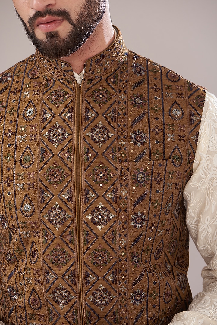 Mustard Silk Embroidered Nehru Jacket by Kasbah Clothing at Pernia's Pop Up Shop