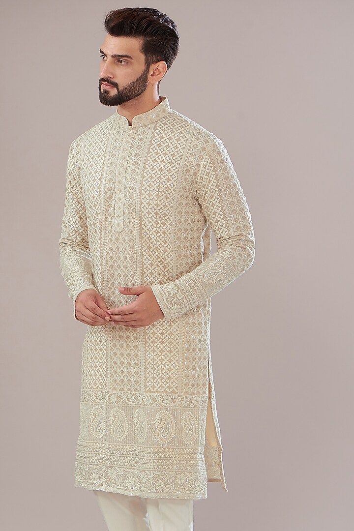 Ivory Georgette Thread Work Lucknowi Kurta by Kasbah Clothing at Pernia's Pop Up Shop