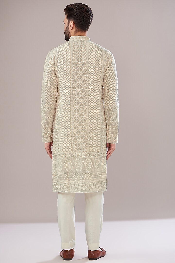 Ivory Georgette Thread Work Lucknowi Kurta by Kasbah Clothing at Pernia's Pop Up Shop