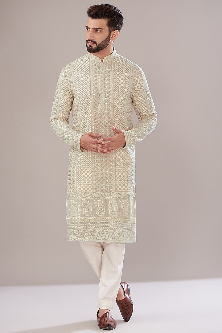 Ivory Georgette Thread Work Lucknowi Kurta by Kasbah Clothing at Pernia's Pop Up Shop