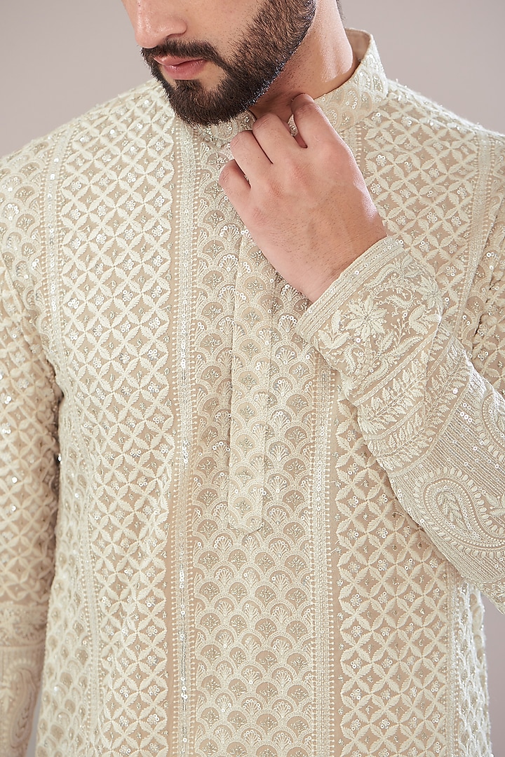 Ivory Georgette Thread Work Lucknowi Kurta by Kasbah Clothing at Pernia's Pop Up Shop
