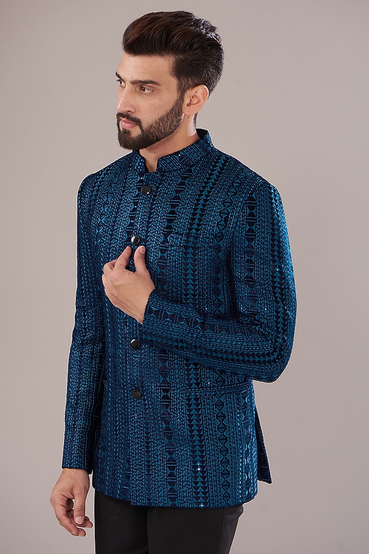 Midnight Blue Velvet Embroidered Wedding Bandhgala by Kasbah Clothing at Pernia's Pop Up Shop