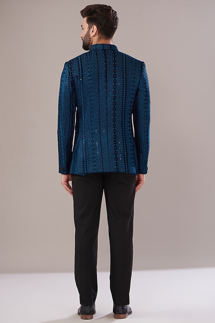 Midnight Blue Velvet Embroidered Wedding Bandhgala by Kasbah Clothing at Pernia's Pop Up Shop
