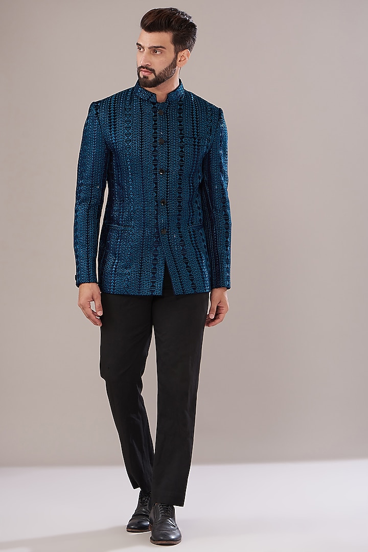 Midnight Blue Velvet Embroidered Wedding Bandhgala by Kasbah Clothing at Pernia's Pop Up Shop