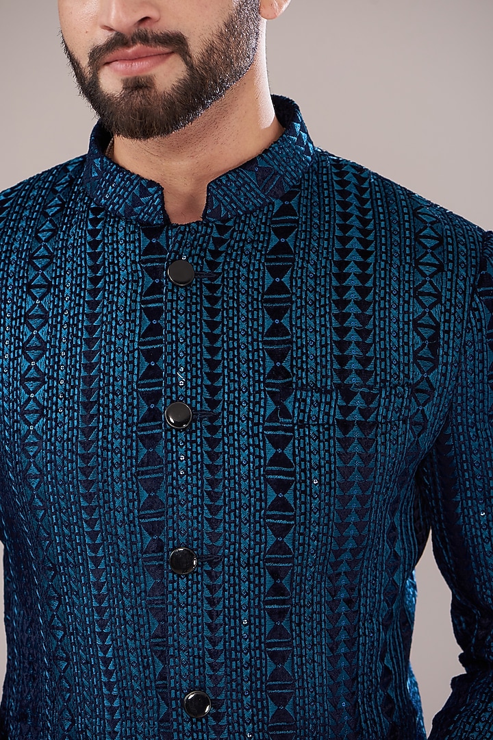 Midnight Blue Velvet Embroidered Wedding Bandhgala by Kasbah Clothing at Pernia's Pop Up Shop