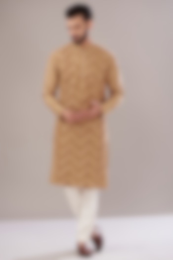 Brown Slub Silk Embroidered Kurta by Kasbah Clothing