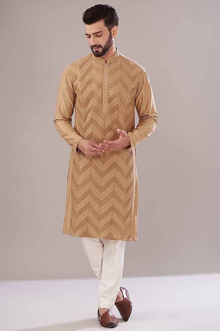 Brown Slub Silk Embroidered Kurta by Kasbah Clothing