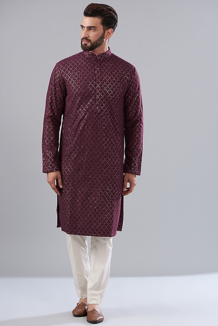Wine Silk Embroidered Kurta Set by Kasbah Clothing at Pernia's Pop Up Shop