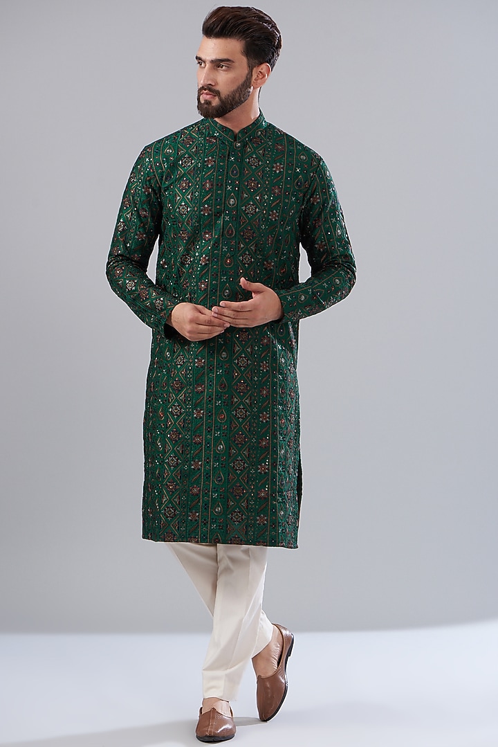 Bottle Green Silk Embroidered Kurta Set by Kasbah Clothing at Pernia's Pop Up Shop