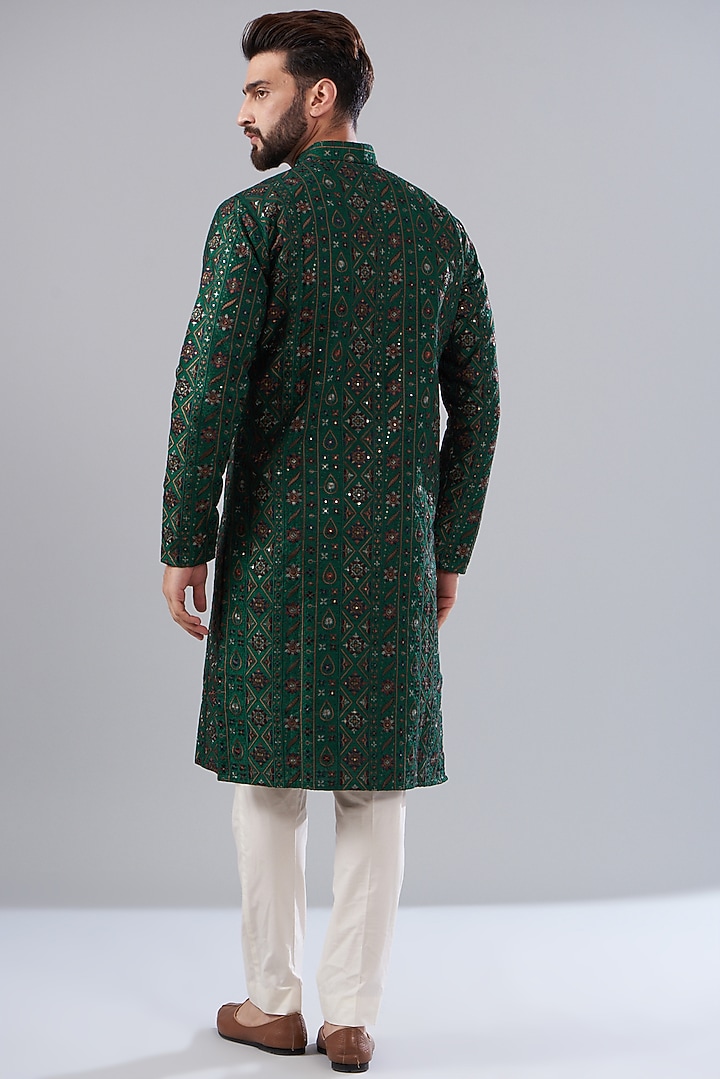 Bottle Green Silk Embroidered Kurta Set by Kasbah Clothing at Pernia's Pop Up Shop