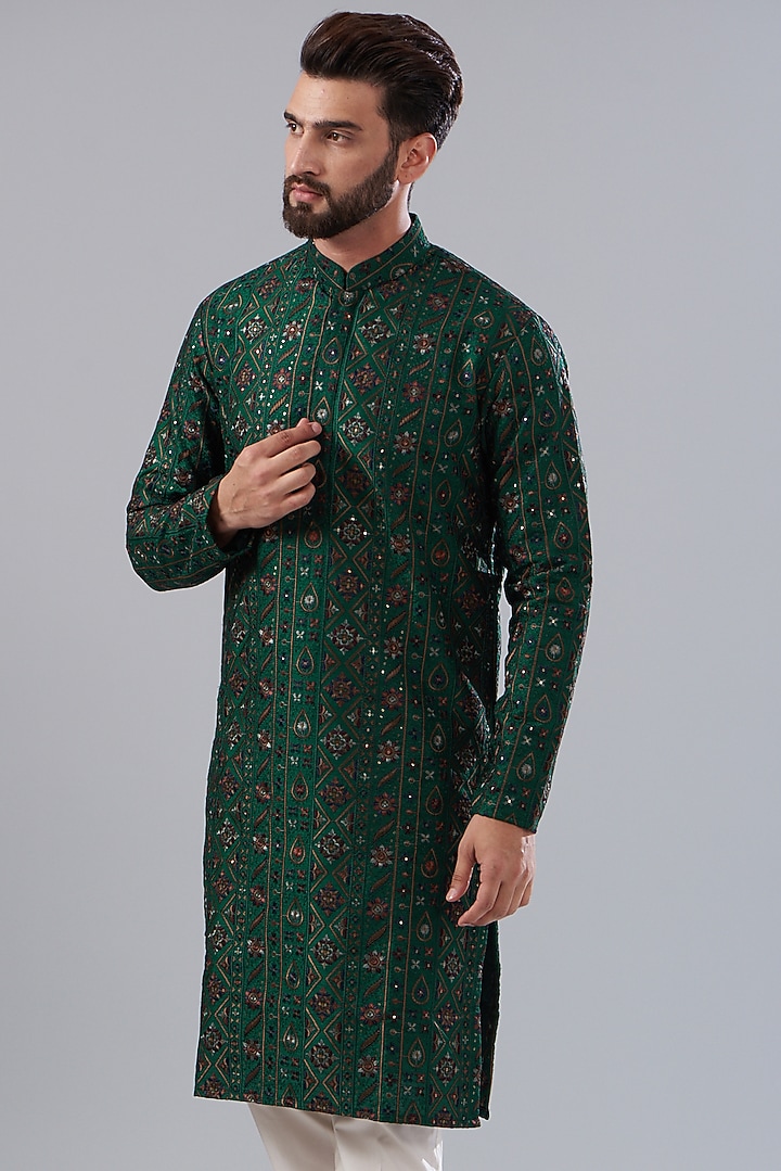 Bottle Green Silk Embroidered Kurta Set by Kasbah Clothing at Pernia's Pop Up Shop