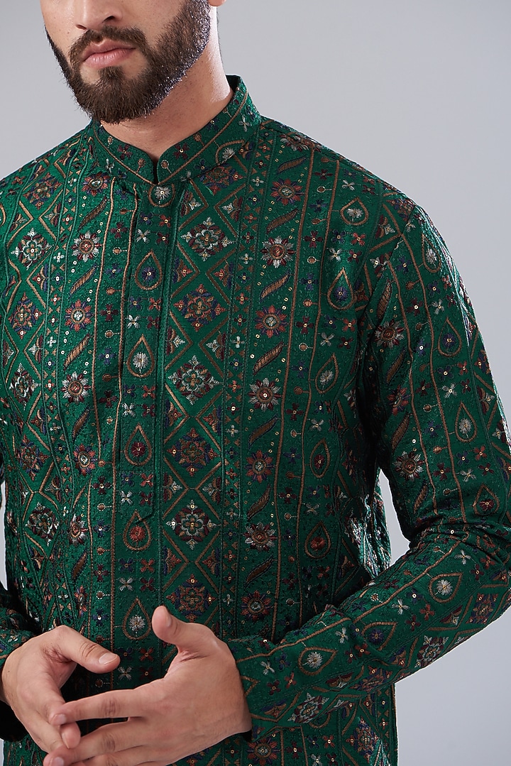 Bottle Green Silk Embroidered Kurta Set by Kasbah Clothing at Pernia's Pop Up Shop
